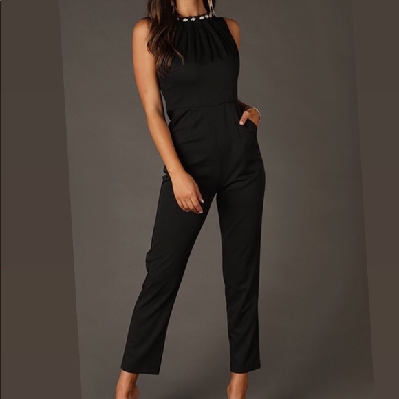 Pearl neck Black jumpsuit - Picture 2 of 2